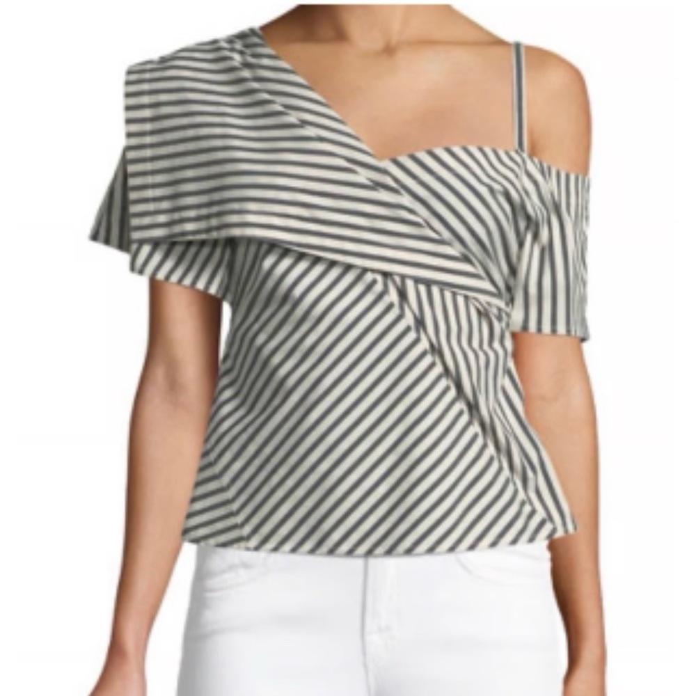 Theory Black & White Striped One-Shoulder Cold-Shoulder Top